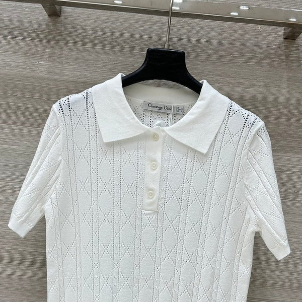 CD 25 Hollow Polo Knitted Short-sleeved Top White Silk Wool