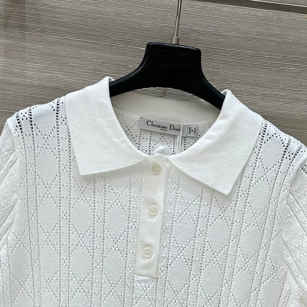 CD 25 Hollow Polo Knitted Short-sleeved Top White Silk Wool
