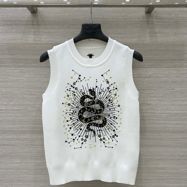 CD 25 Snake Embroidery Knitted Vest Top White Tencel Wool