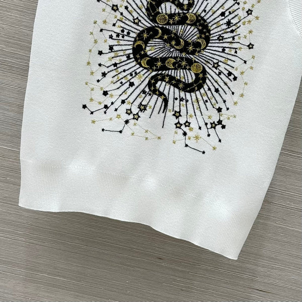 CD 25 Snake Embroidery Knitted Vest Top White Tencel Wool