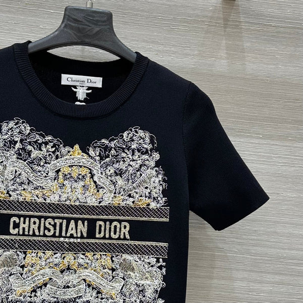 CD 25 Star Embroidery Knitted Short-sleeved Top Black Tencel Wool
