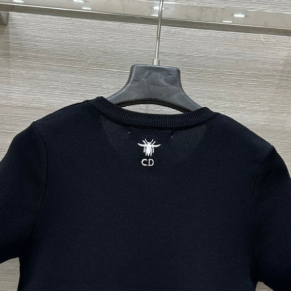 CD 25 Star Embroidery Knitted Short-sleeved Top Black Tencel Wool