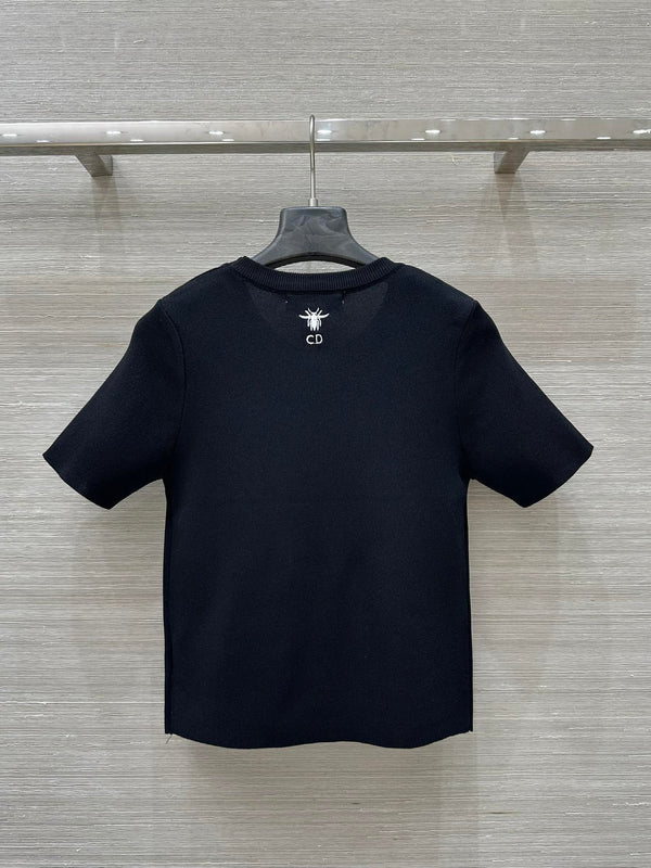 CD 25 Star Embroidery Knitted Short-sleeved Top Black Tencel Wool