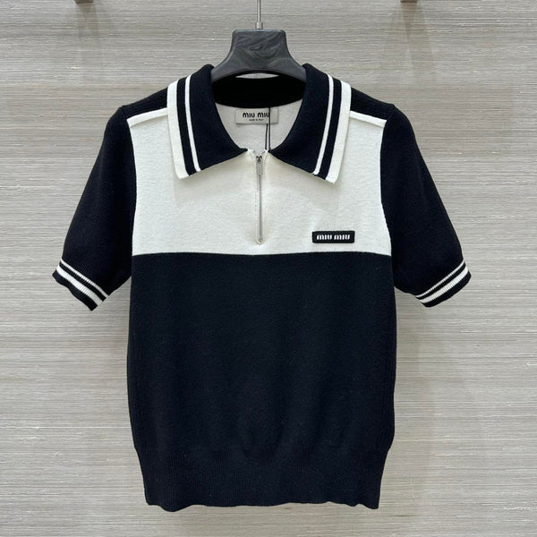 Miu Miu 25 Polo Collar Short-sleeved Top Black White Tencel