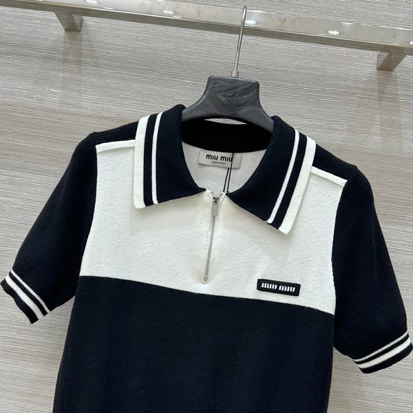 Miu Miu 25 Polo Collar Short-sleeved Top Black White Tencel