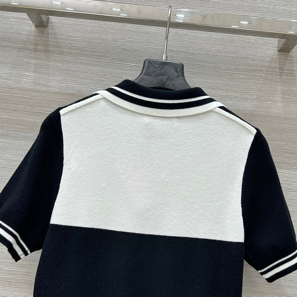 Miu Miu 25 Polo Collar Short-sleeved Top Black White Tencel