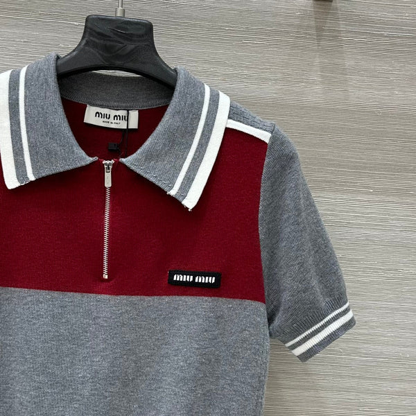 Miu Miu 25 Polo Collar Short-sleeved Top Gray red Tencel
