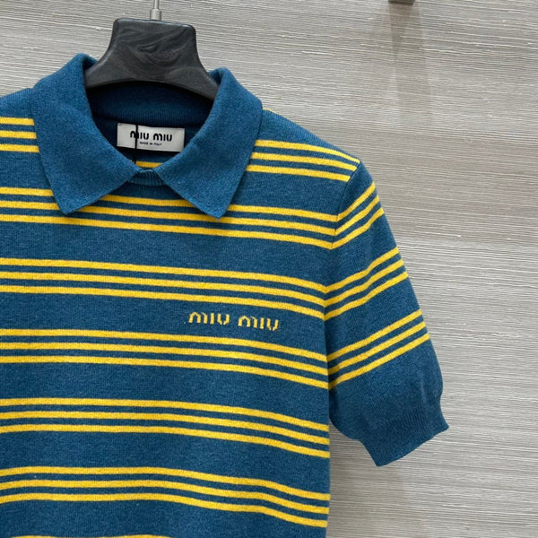 Miu Miu 25 Striped Polo Top Blue Yellow Wool