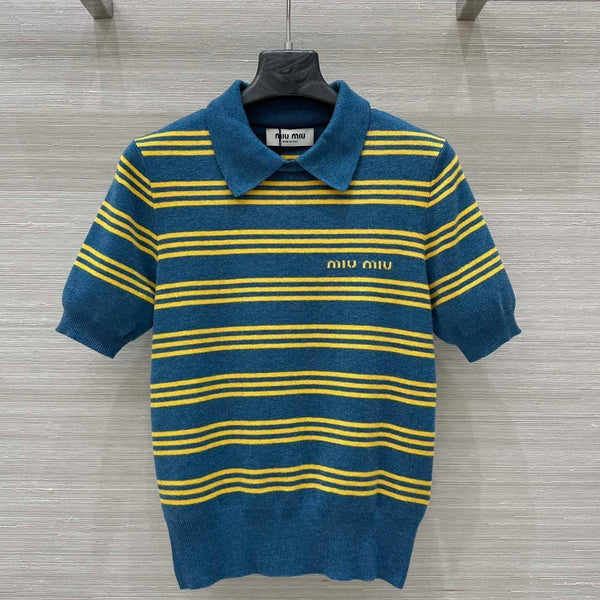 Miu Miu 25 Striped Polo Top Blue Yellow Wool