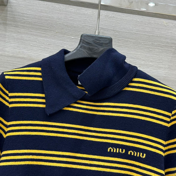 Miu Miu 25 Striped Polo Top Dark Blue Yellow Wool