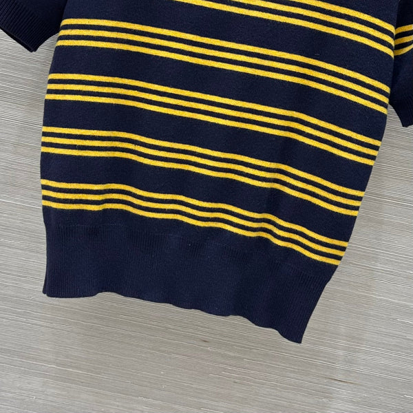 Miu Miu 25 Striped Polo Top Dark Blue Yellow Wool