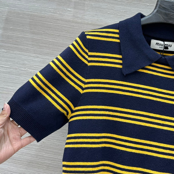 Miu Miu 25 Striped Polo Top Dark Blue Yellow Wool