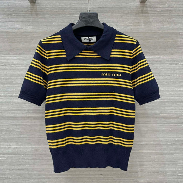 Miu Miu 25 Striped Polo Top Dark Blue Yellow Wool