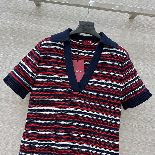 Gucci 25 Knitted V-neck Dress White Red Wool