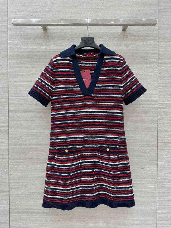 Gucci 25 Knitted V-neck Dress White Red Wool