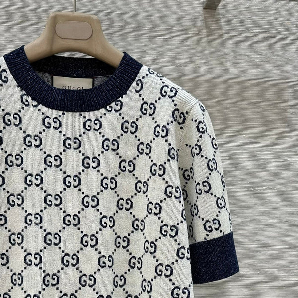 Gucci 2025 Knitted Round Neck Short-sleeved Top Blue Gray Cotton