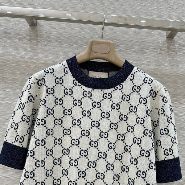 Gucci 2025 Knitted Round Neck Short-sleeved Top Blue Gray Cotton