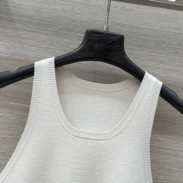 CD 25 Embroidery Knitted Vest Top White Polyester Cotton