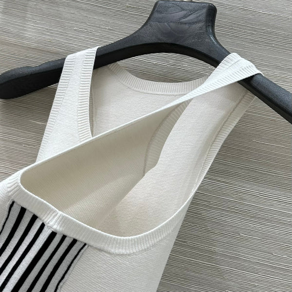 CD 25 Embroidery Knitted Vest Top White Polyester Cotton