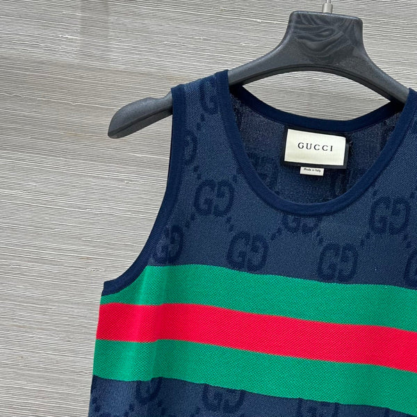 Gucci 25 Embroidered Jacquard Mesh Vest Top Navy Blue Tencel