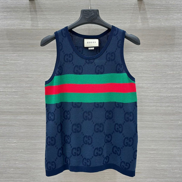 Gucci 25 Embroidered Jacquard Mesh Vest Top Navy Blue Tencel
