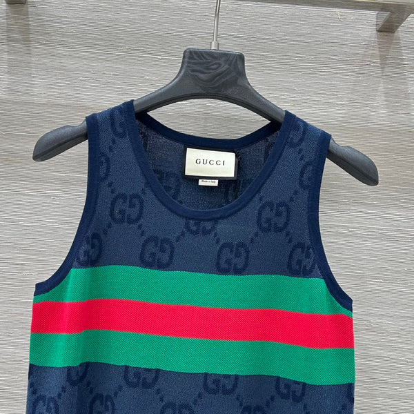 Gucci 25 Embroidered Jacquard Mesh Vest Top Navy Blue Tencel