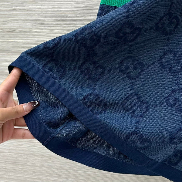 Gucci 25 Embroidered Jacquard Mesh Vest Top Navy Blue Tencel