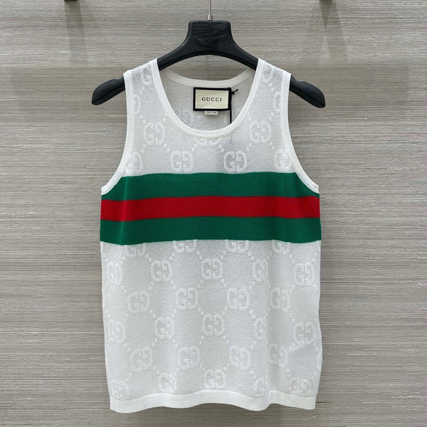 Gucci 25 Embroidered Jacquard Mesh Vest Top White Tencel