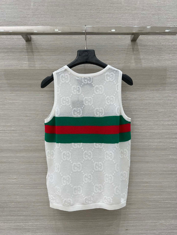 Gucci 25 Embroidered Jacquard Mesh Vest Top White Tencel