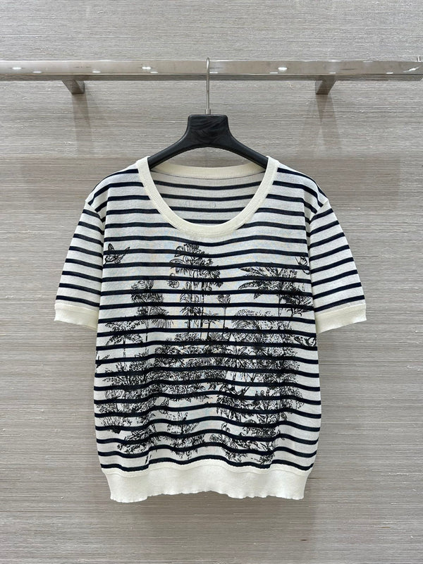 CD Coconut Knitted Short-sleeved Top Black mix White Cotton Polyester