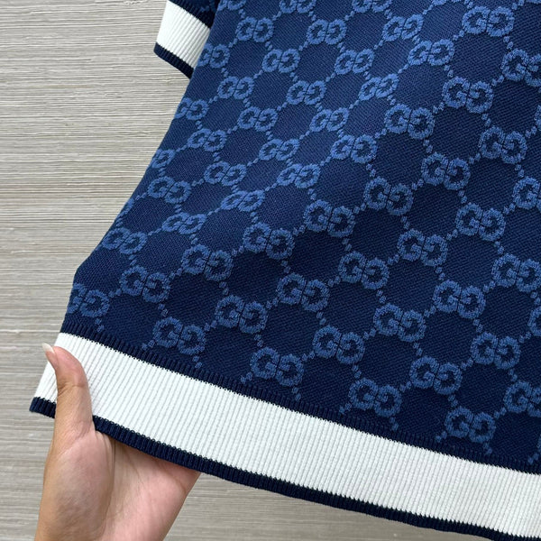 Gucci 25 Knitted Round Neck Short-sleeved Top Dark Blue Wool