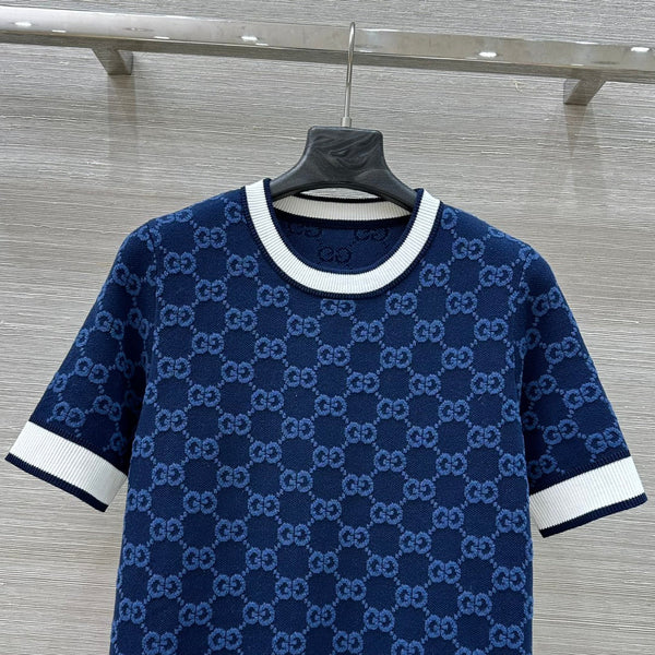 Gucci 25 Knitted Round Neck Short-sleeved Top Dark Blue Wool