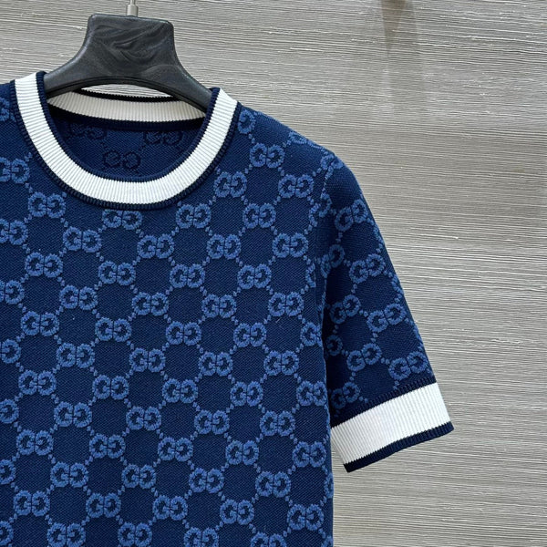 Gucci 25 Knitted Round Neck Short-sleeved Top Dark Blue Wool