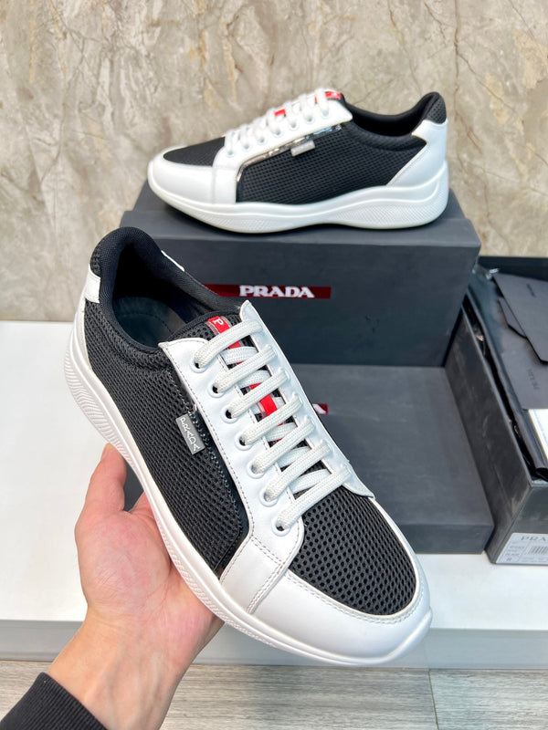 PRA SNEAKER WHITE MIX BLACK CALFSKIN AND MESH FABRIC
