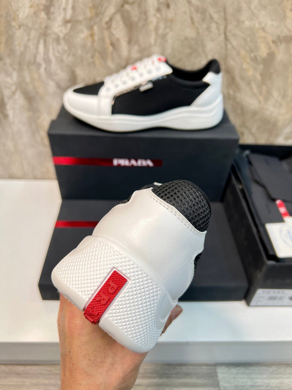 PRA SNEAKER WHITE MIX BLACK CALFSKIN AND MESH FABRIC