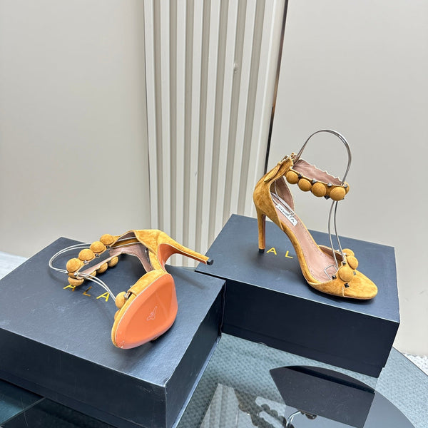 ALAIA HIGH HEEL SANDAL 10 CM IN DIJON YELLOW SUEDE