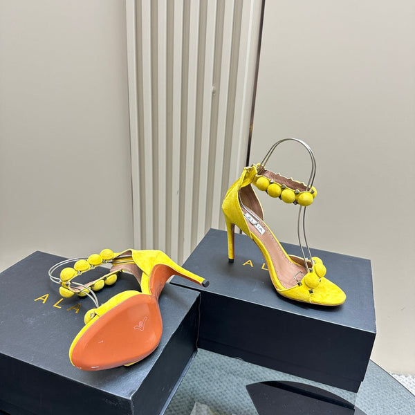 ALAIA HIGH HEEL SANDAL 10 CM IN BRIGHT YELLOW SUEDE