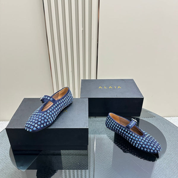 ALAIA CRYSTAL EMBELLISHED BALLET FLATS IN NAVY BLUE SUEDE