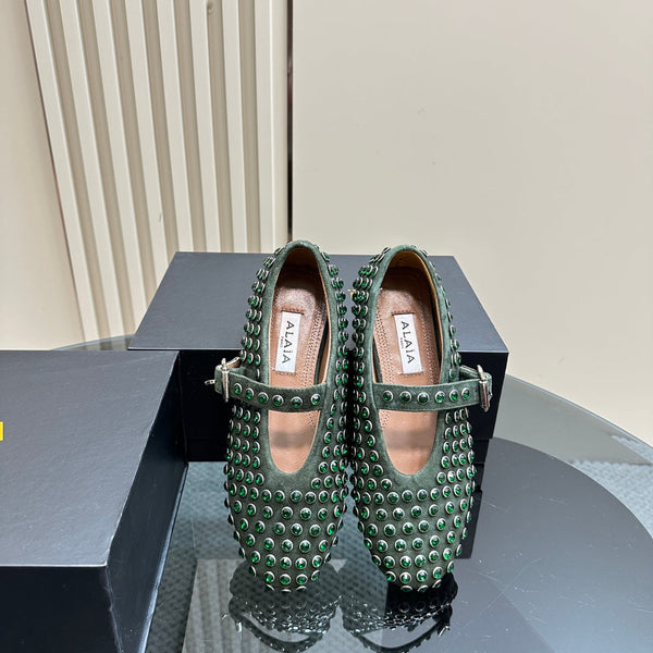 Alaia Strass Suede Ballet Flats In Dark Green 999318