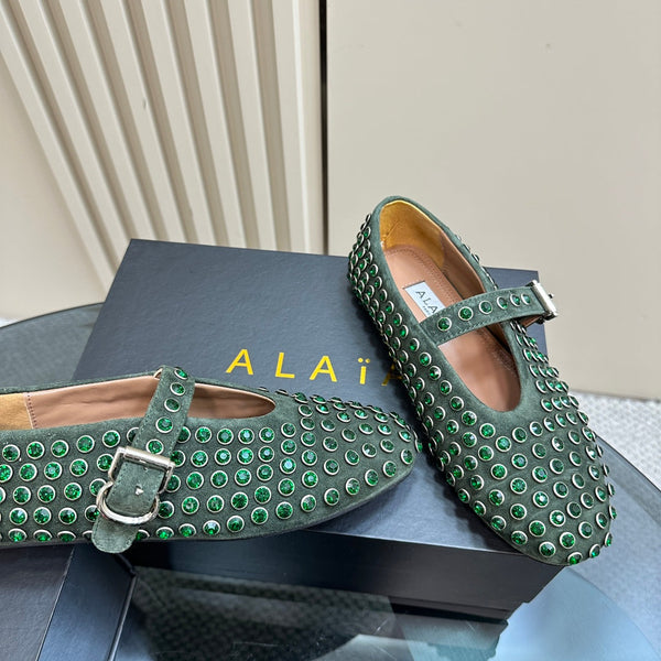 Alaia Strass Suede Ballet Flats In Dark Green 999318