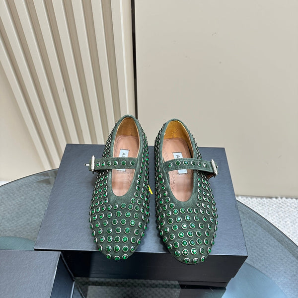 Alaia Strass Suede Ballet Flats In Dark Green 999318