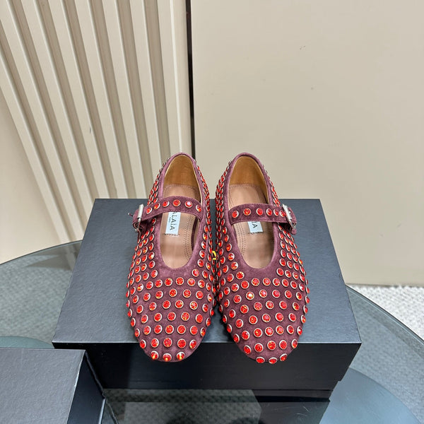 Alaia Strass Suede Ballet Flats In Red Purple 999328