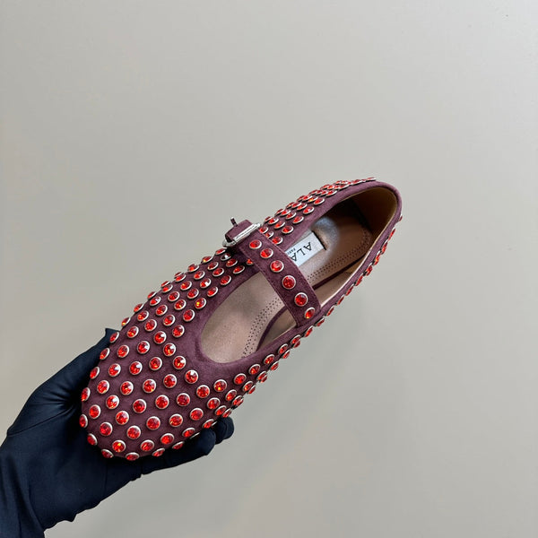 Ballet Flat Fishnet Burgundy Strass Suede