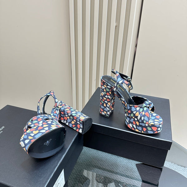 BIANCA PLATFORM SANDALS IN COLORFUL HEARTS PRINT VELVET