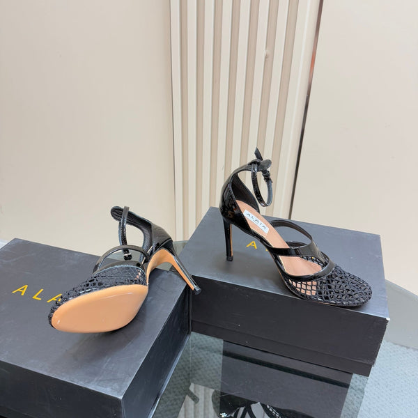 Alaia Fishnet Thong Heels Sandals Black Lambskin 299658