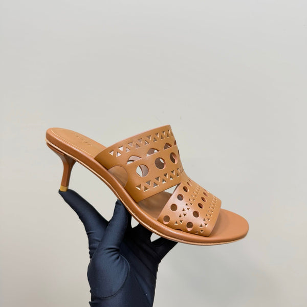 Alaia Vienne Cutout Kitten-Heel Slide Sandals Brown Sheepskin 299662