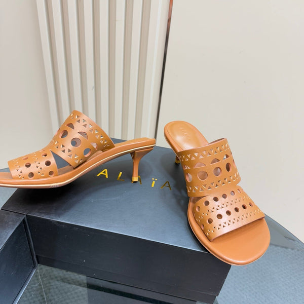 Alaia Vienne Cutout Kitten-Heel Slide Sandals Brown Sheepskin 299662