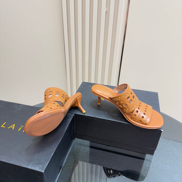 Alaia Vienne Cutout Kitten-Heel Slide Sandals Brown Sheepskin 299662