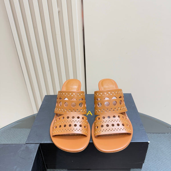 Alaia Vienne Cutout Kitten-Heel Slide Sandals Brown Sheepskin 299662