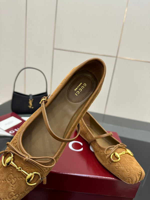 GC 25 Horsebit Ballet Flat Brown Monogram Suede